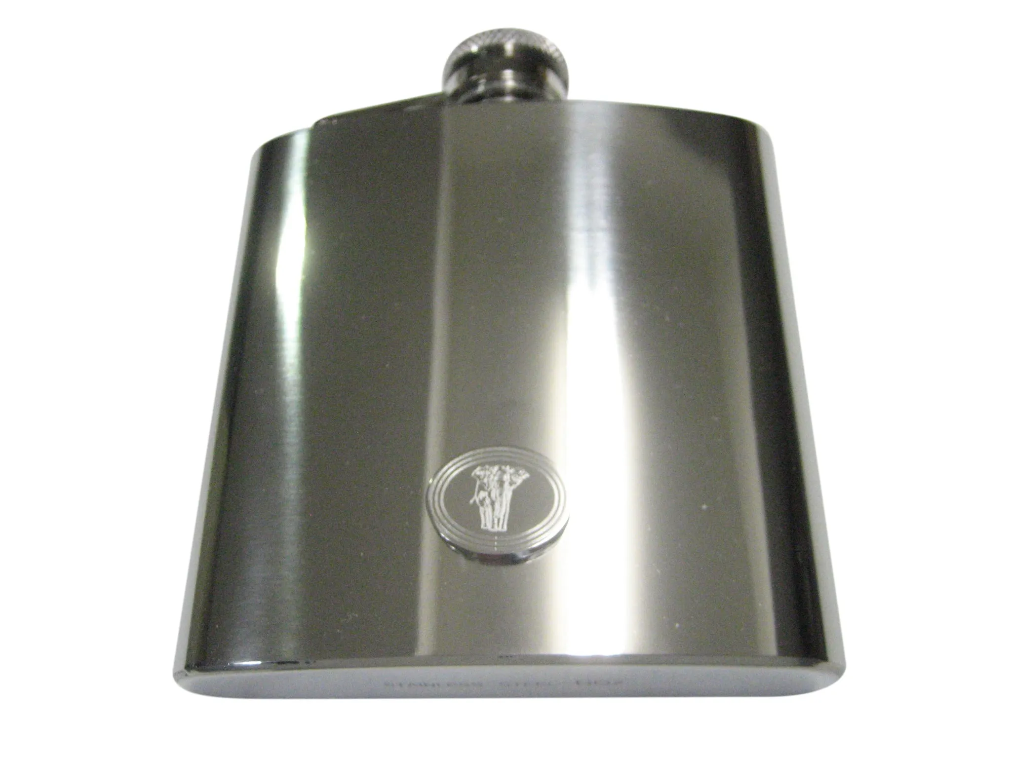 Silver Toned Etched Oval Detailed Elephant 6oz Flask