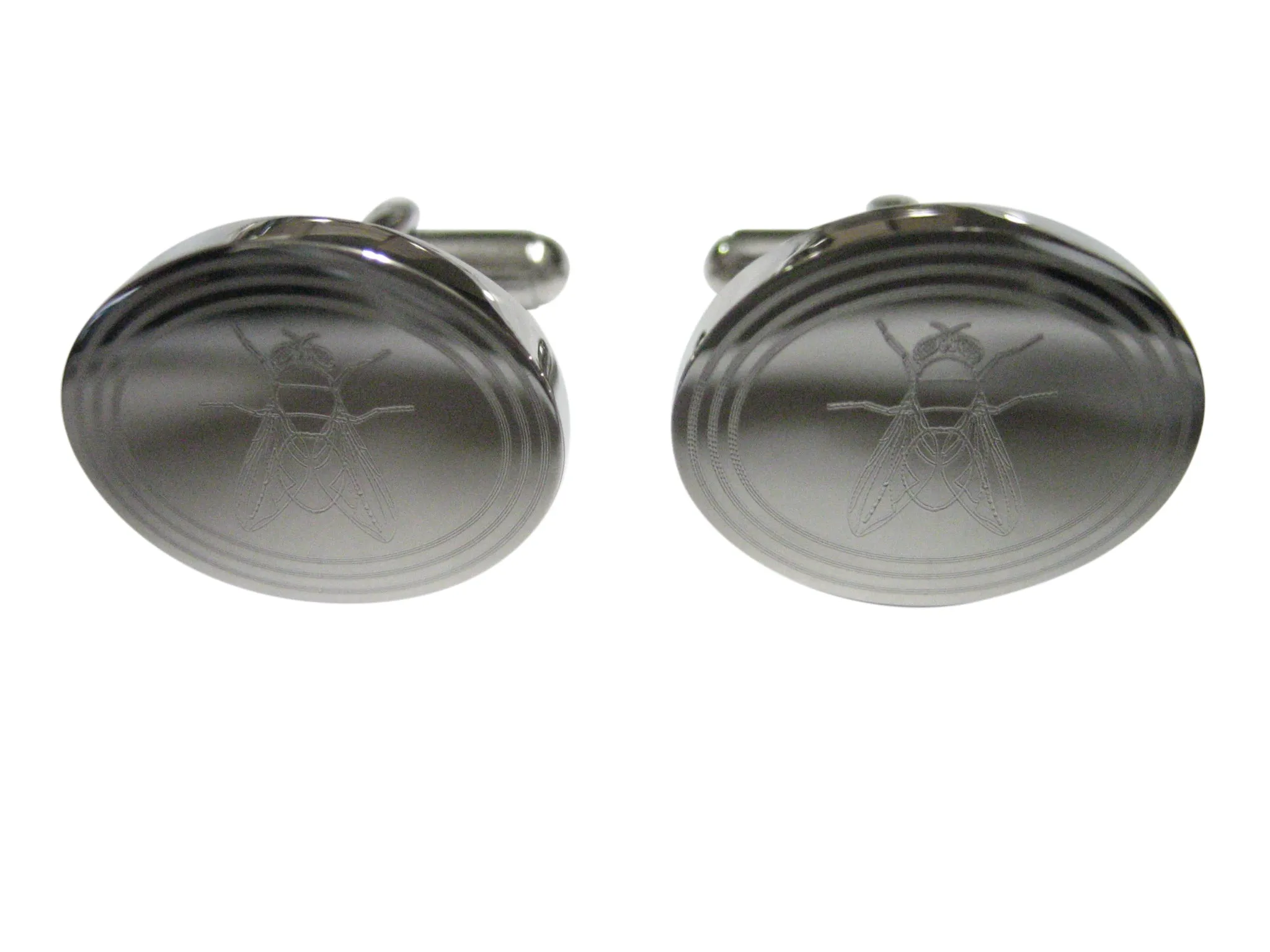 Silver Toned Etched Oval Detailed Fly Bug Insect Cufflinks