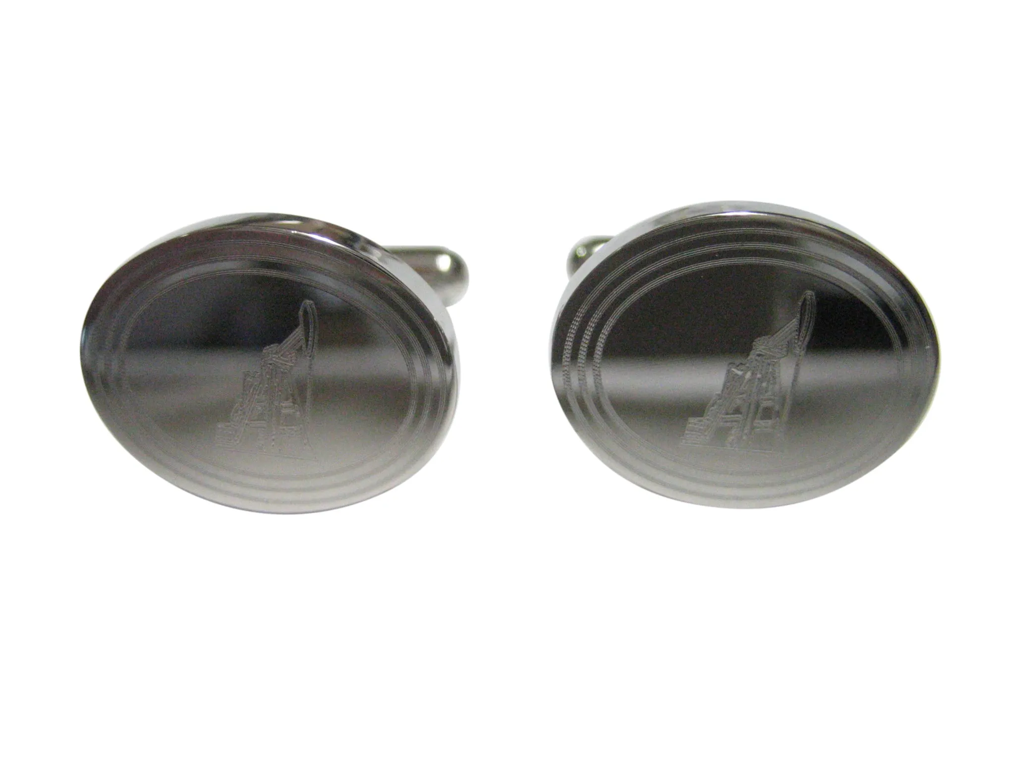 Silver Toned Etched Oval Detailed Oil Drill Cufflinks
