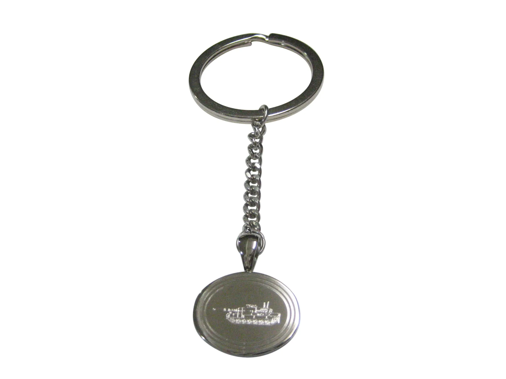Silver Toned Etched Oval Detailed Tank Pendant Keychain