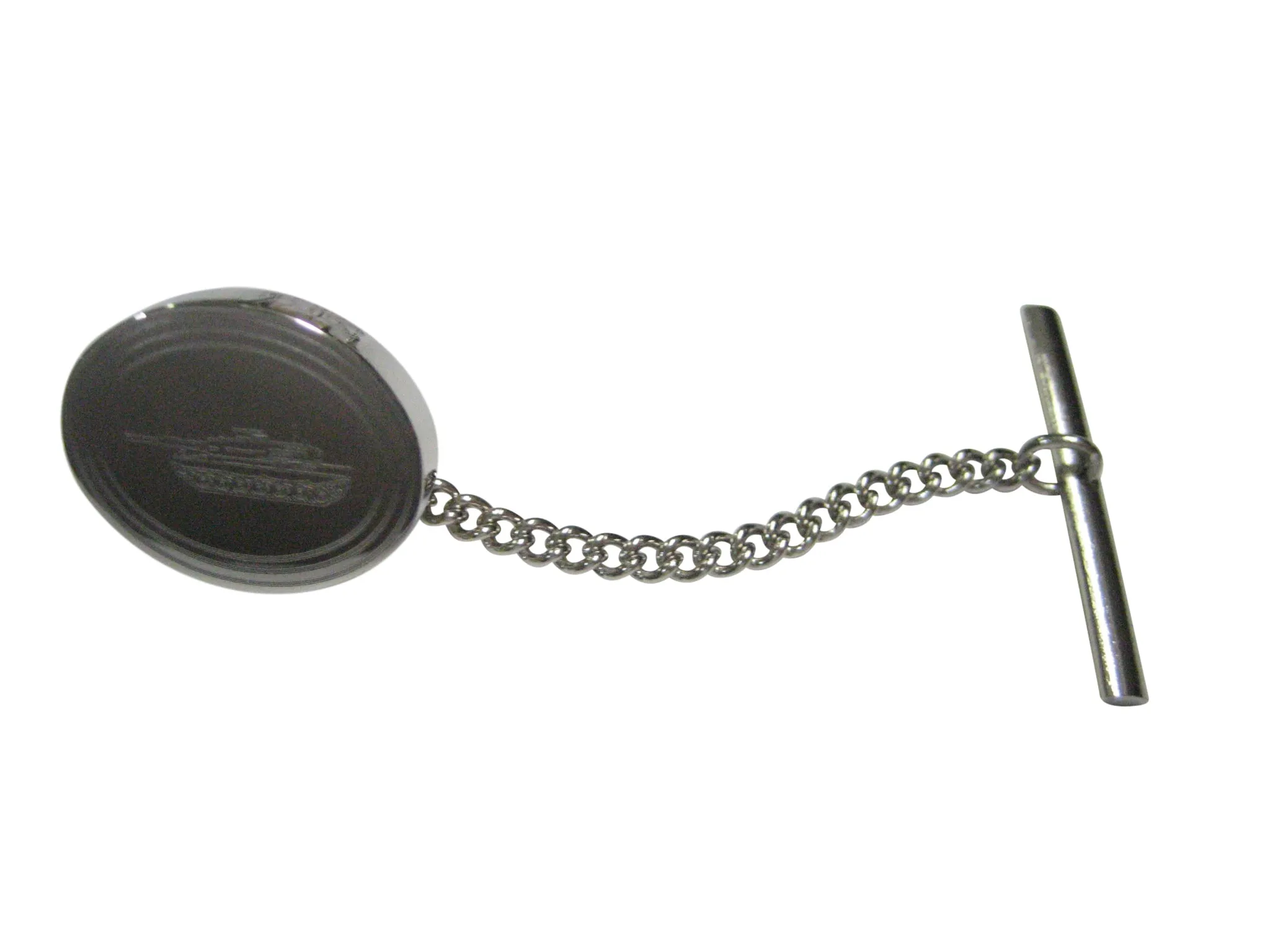 Silver Toned Etched Oval Detailed Tank Tie Tack