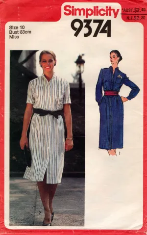 Simplicity 9374 Womens Shirtdress 1980s Vintage Sewing Pattern Size 10 Bust 32.5 inches