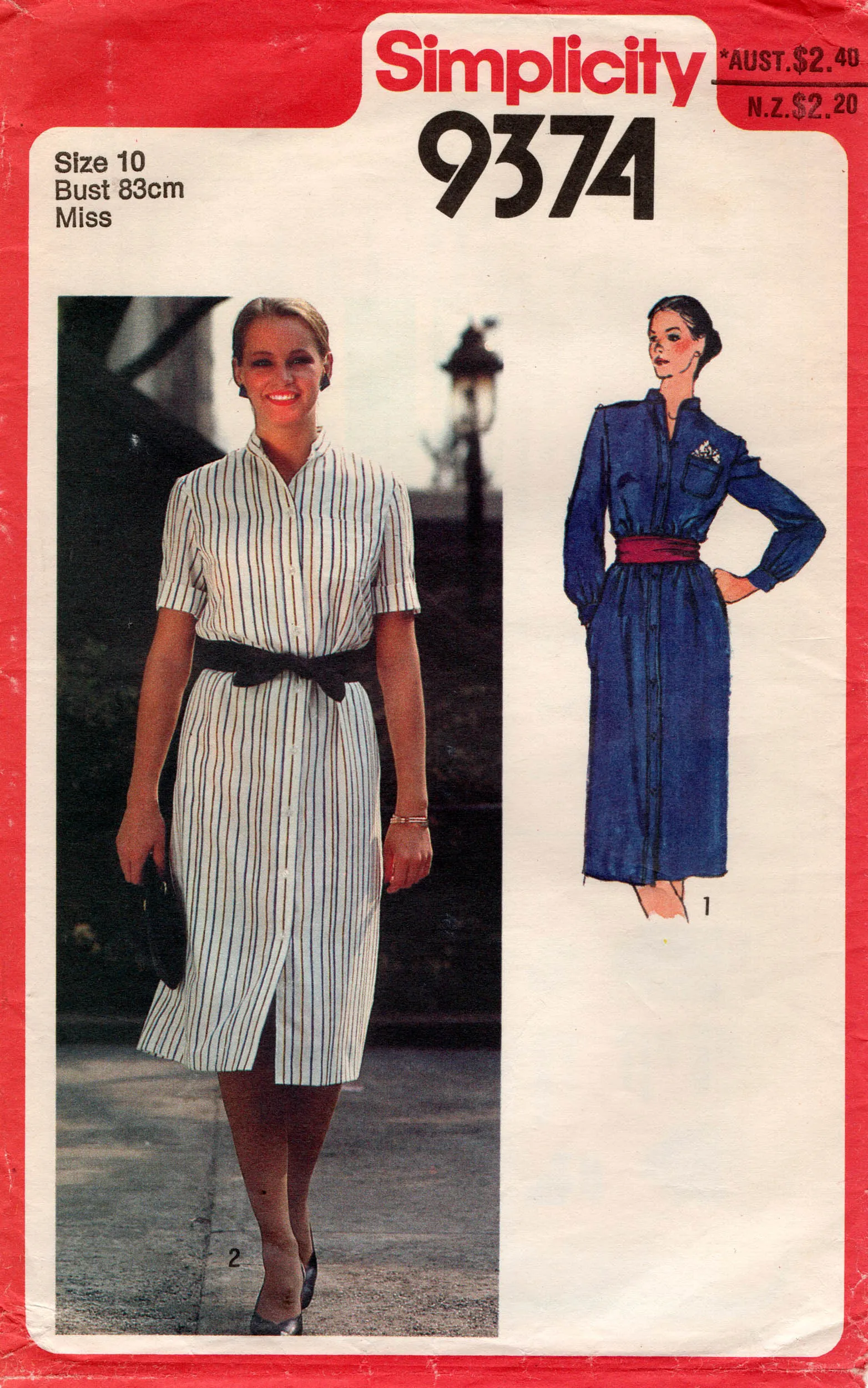 Simplicity 9374 Womens Shirtdress 1980s Vintage Sewing Pattern Size 10 Bust 32.5 inches