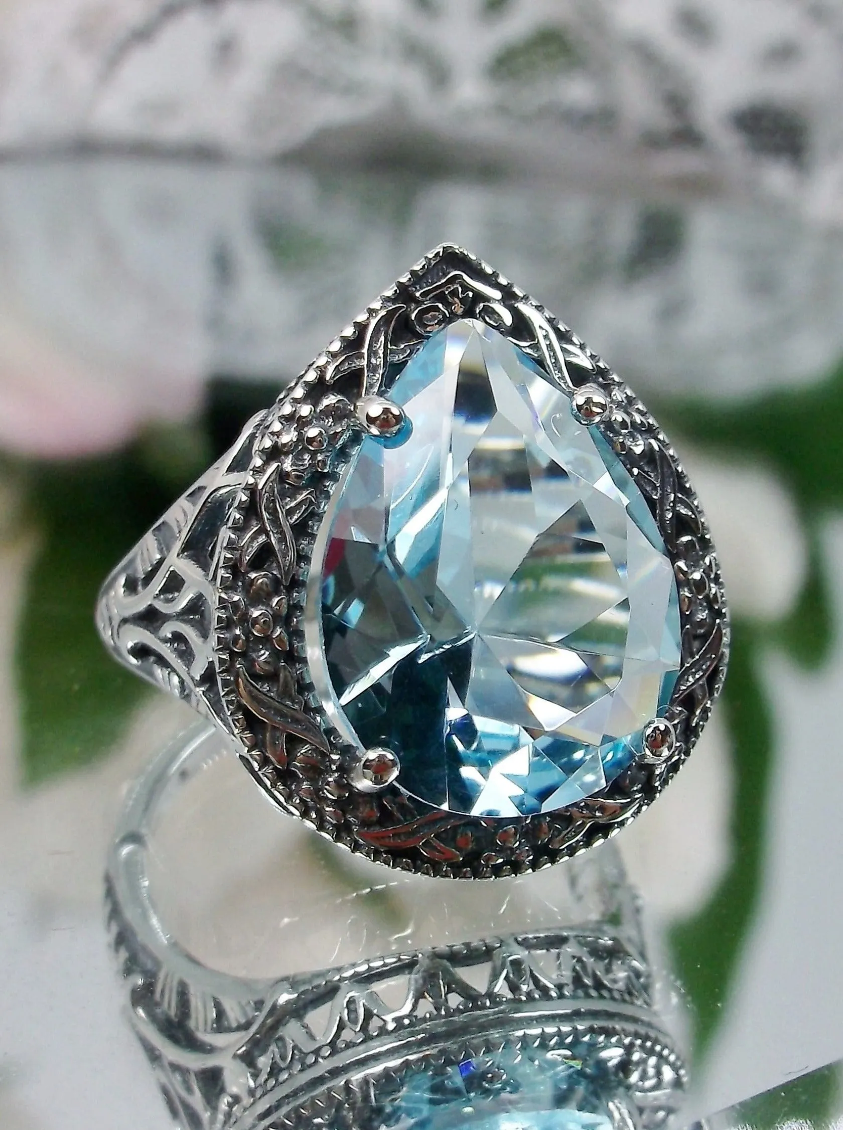 Sky Blue Aquamarine Ring, Teardrop Gem, Victorian Jewelry Design #D28