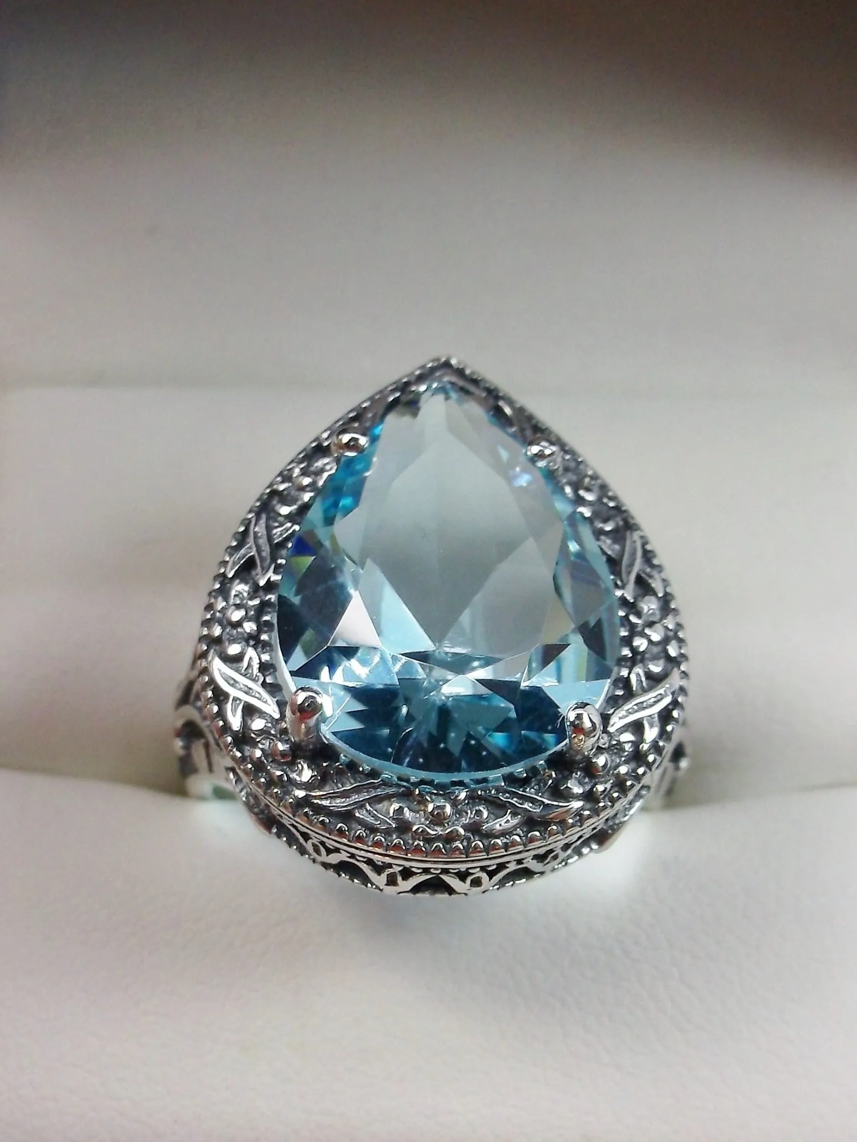 Sky Blue Aquamarine Ring, Teardrop Gem, Victorian Jewelry Design #D28