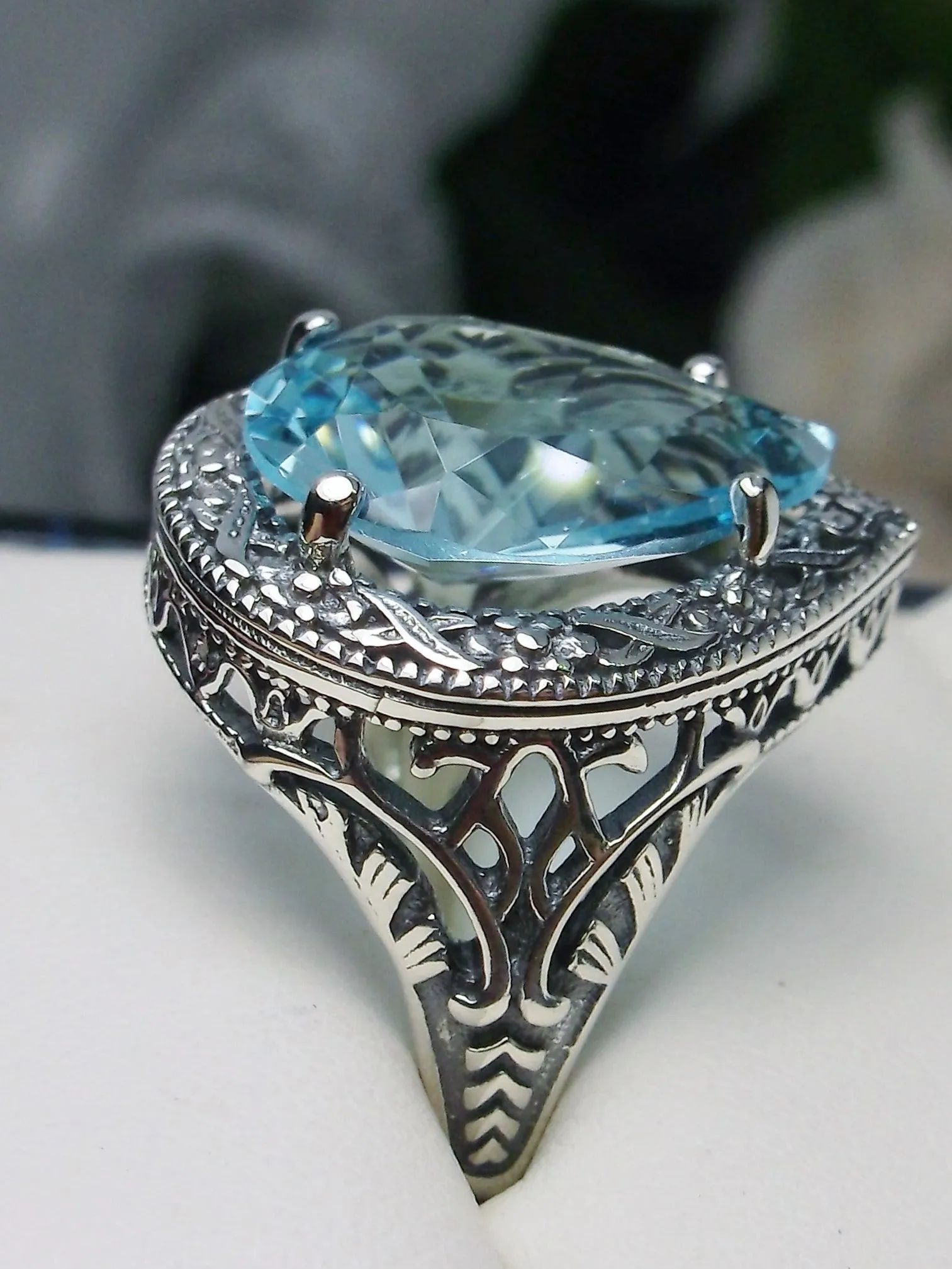 Sky Blue Aquamarine Ring, Teardrop Gem, Victorian Jewelry Design #D28