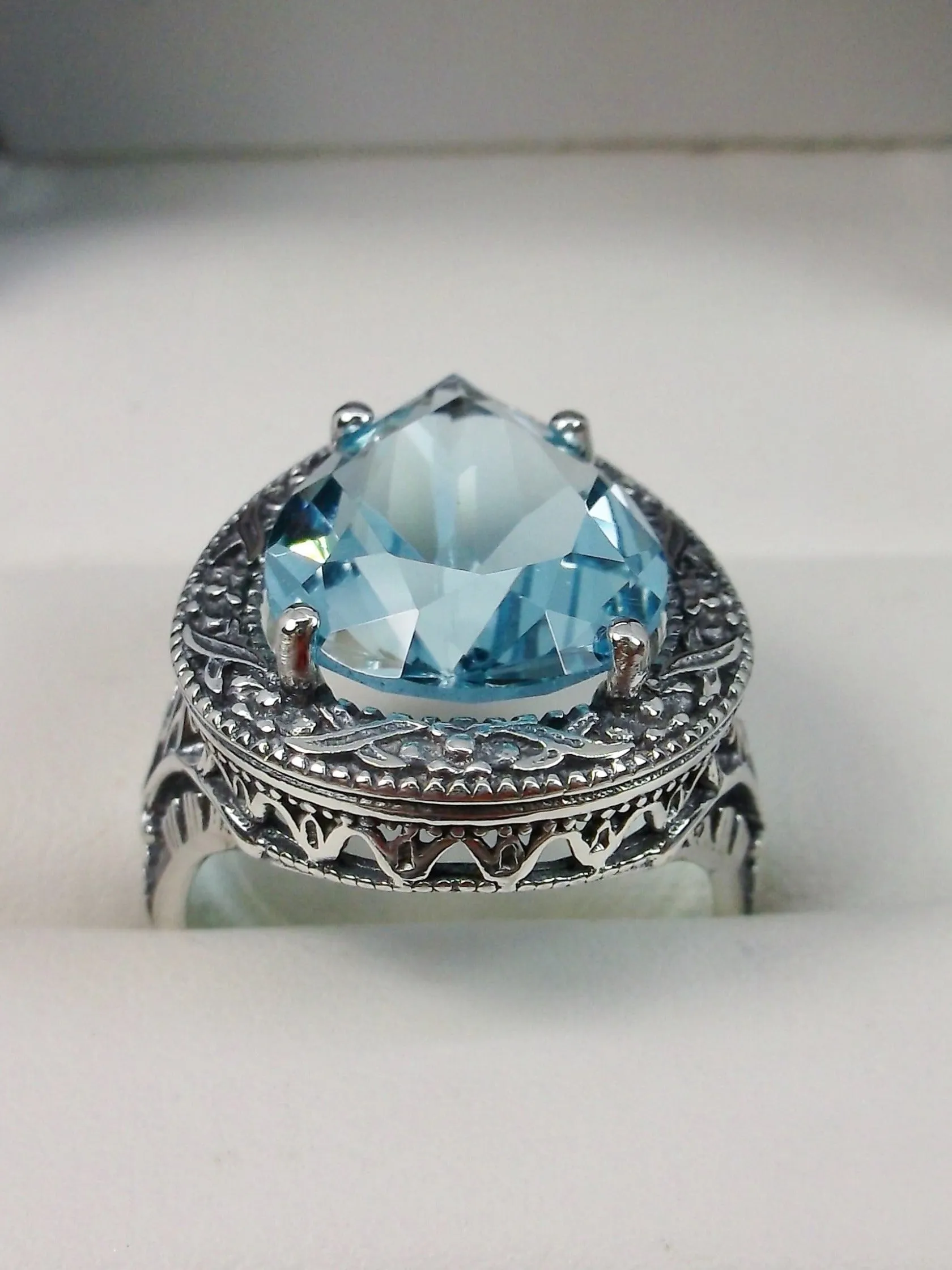 Sky Blue Aquamarine Ring, Teardrop Gem, Victorian Jewelry Design #D28