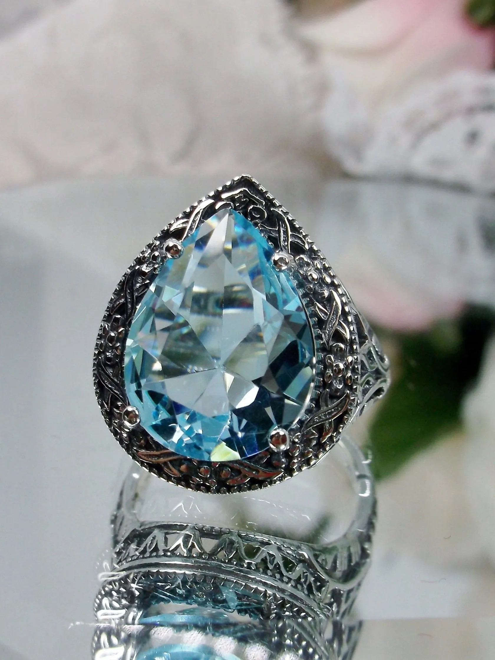 Sky Blue Aquamarine Ring, Teardrop Gem, Victorian Jewelry Design #D28