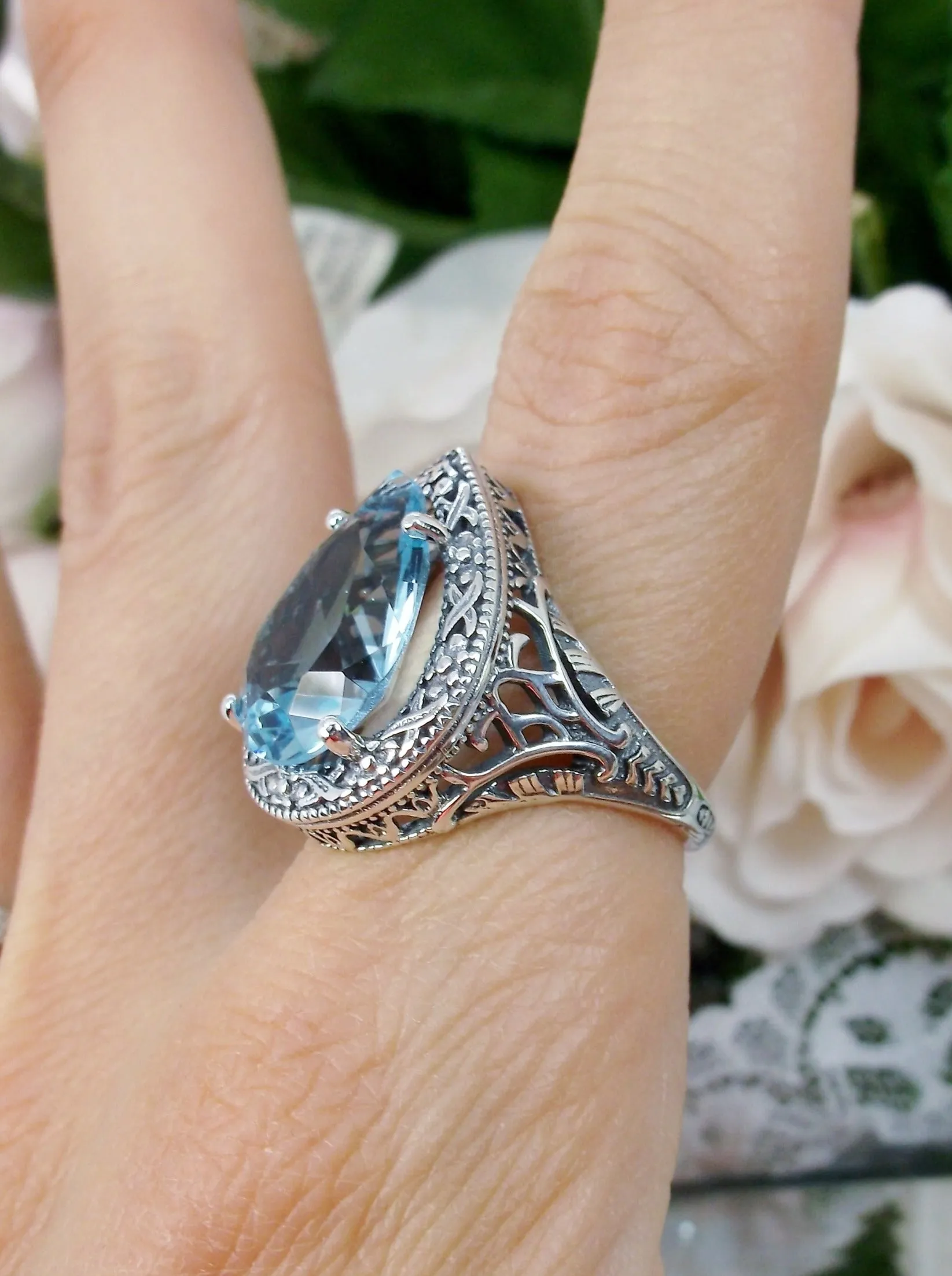 Sky Blue Aquamarine Ring, Teardrop Gem, Victorian Jewelry Design #D28