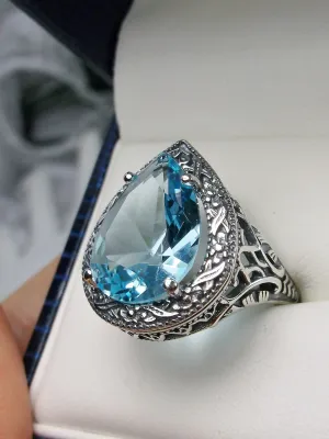 Sky Blue Aquamarine Ring, Teardrop Gem, Victorian Jewelry Design #D28