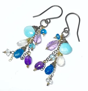 Sleeping Beauty Turquoise Dangle Earrings with Moonstone, Amethyst in Mixed Metals