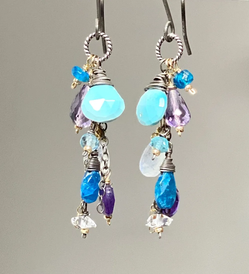 Sleeping Beauty Turquoise Dangle Earrings with Moonstone, Amethyst in Mixed Metals