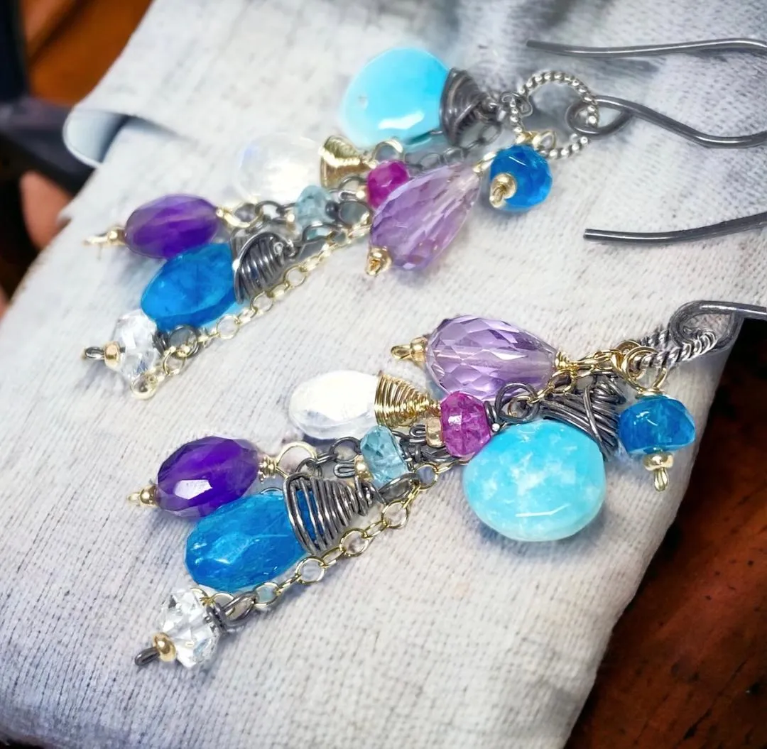 Sleeping Beauty Turquoise Dangle Earrings with Moonstone, Amethyst in Mixed Metals