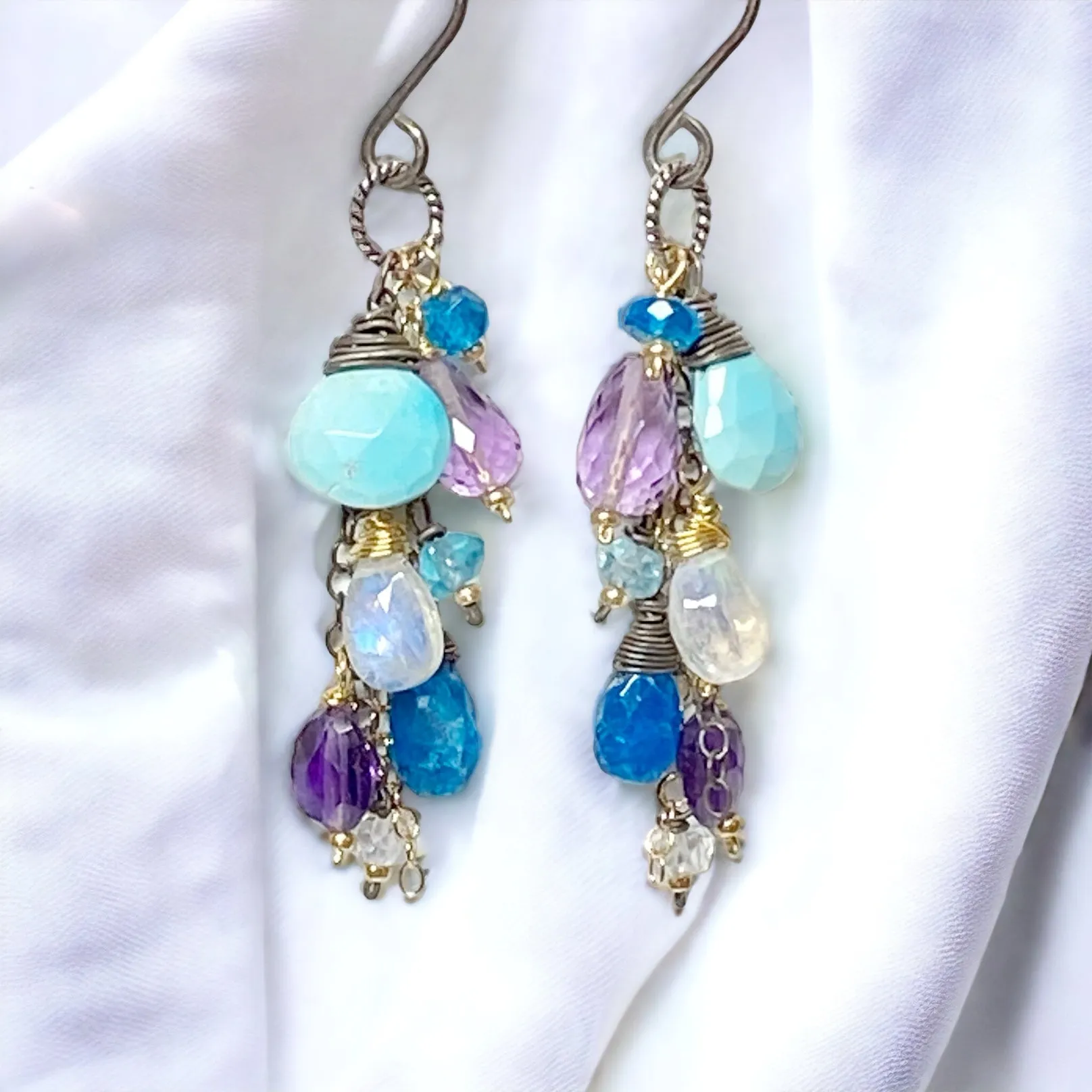 Sleeping Beauty Turquoise Dangle Earrings with Moonstone, Amethyst in Mixed Metals