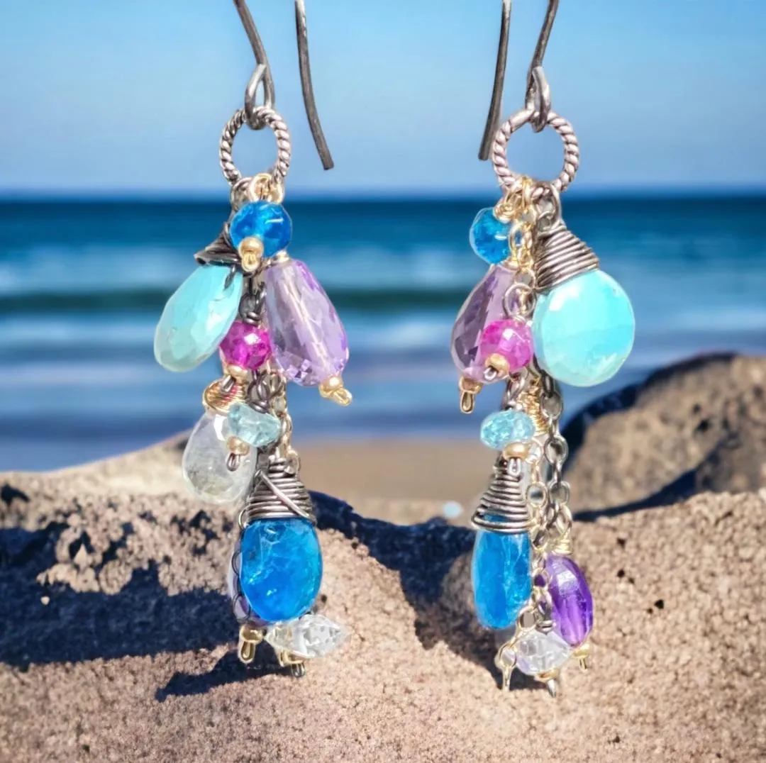 Sleeping Beauty Turquoise Dangle Earrings with Moonstone, Amethyst in Mixed Metals
