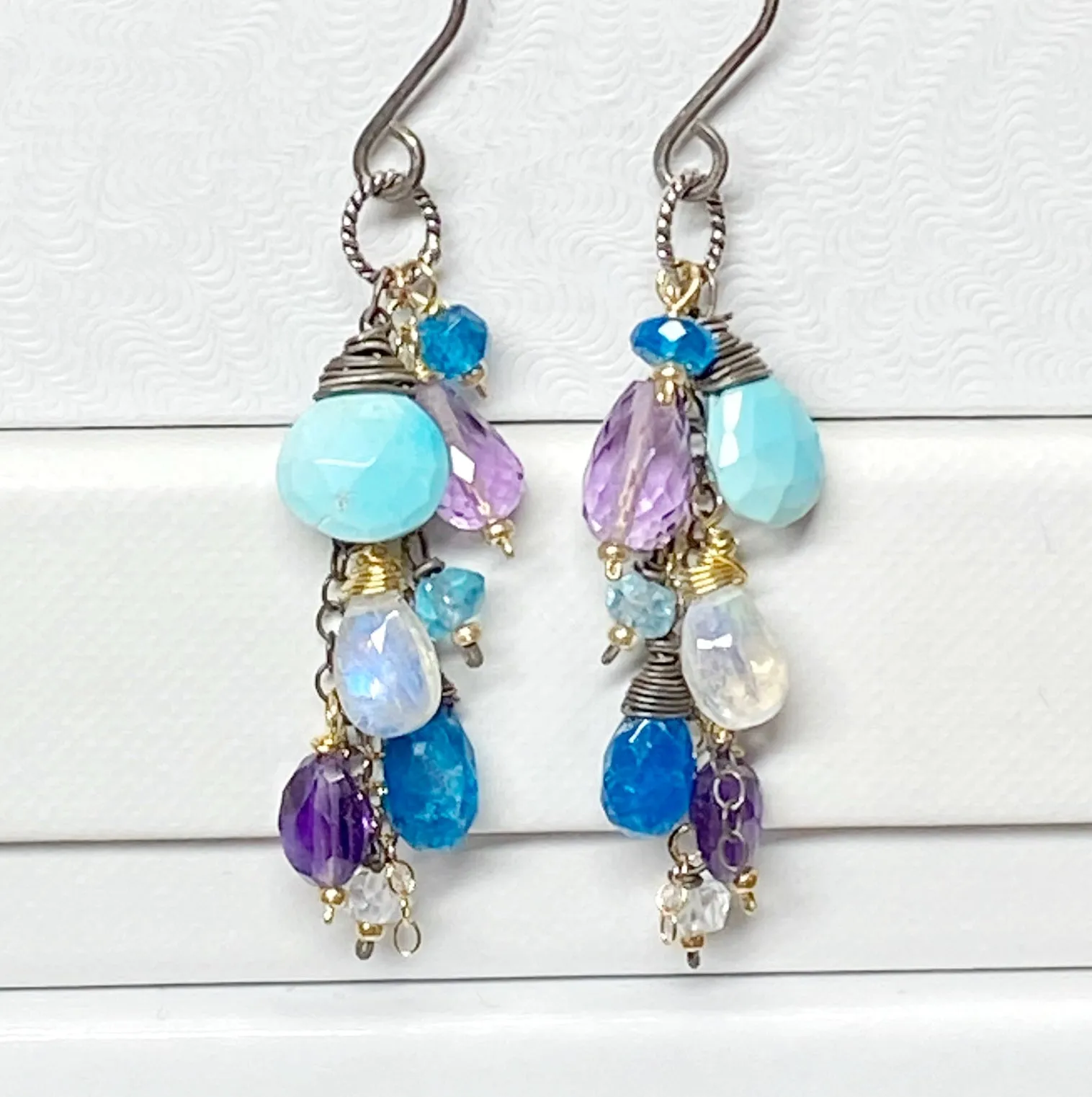 Sleeping Beauty Turquoise Dangle Earrings with Moonstone, Amethyst in Mixed Metals
