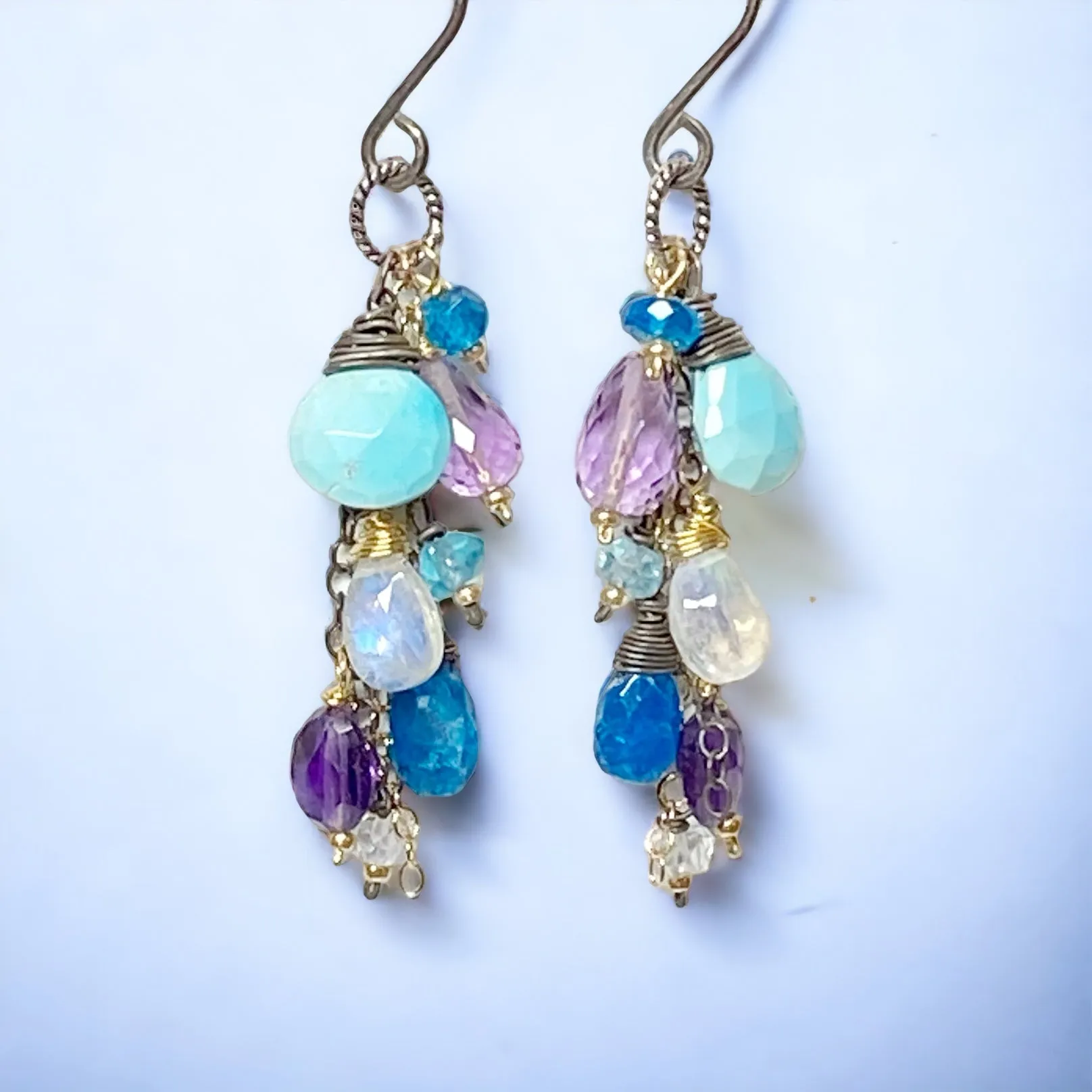 Sleeping Beauty Turquoise Dangle Earrings with Moonstone, Amethyst in Mixed Metals