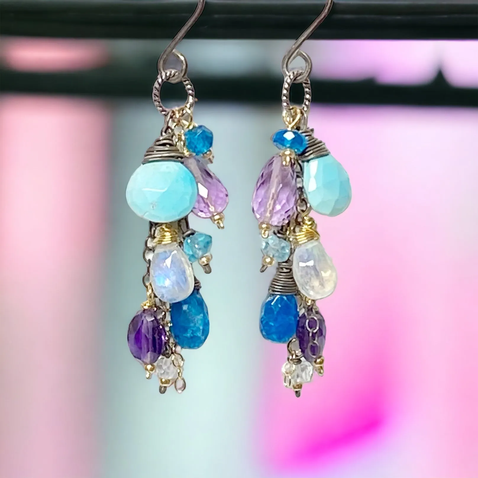 Sleeping Beauty Turquoise Dangle Earrings with Moonstone, Amethyst in Mixed Metals