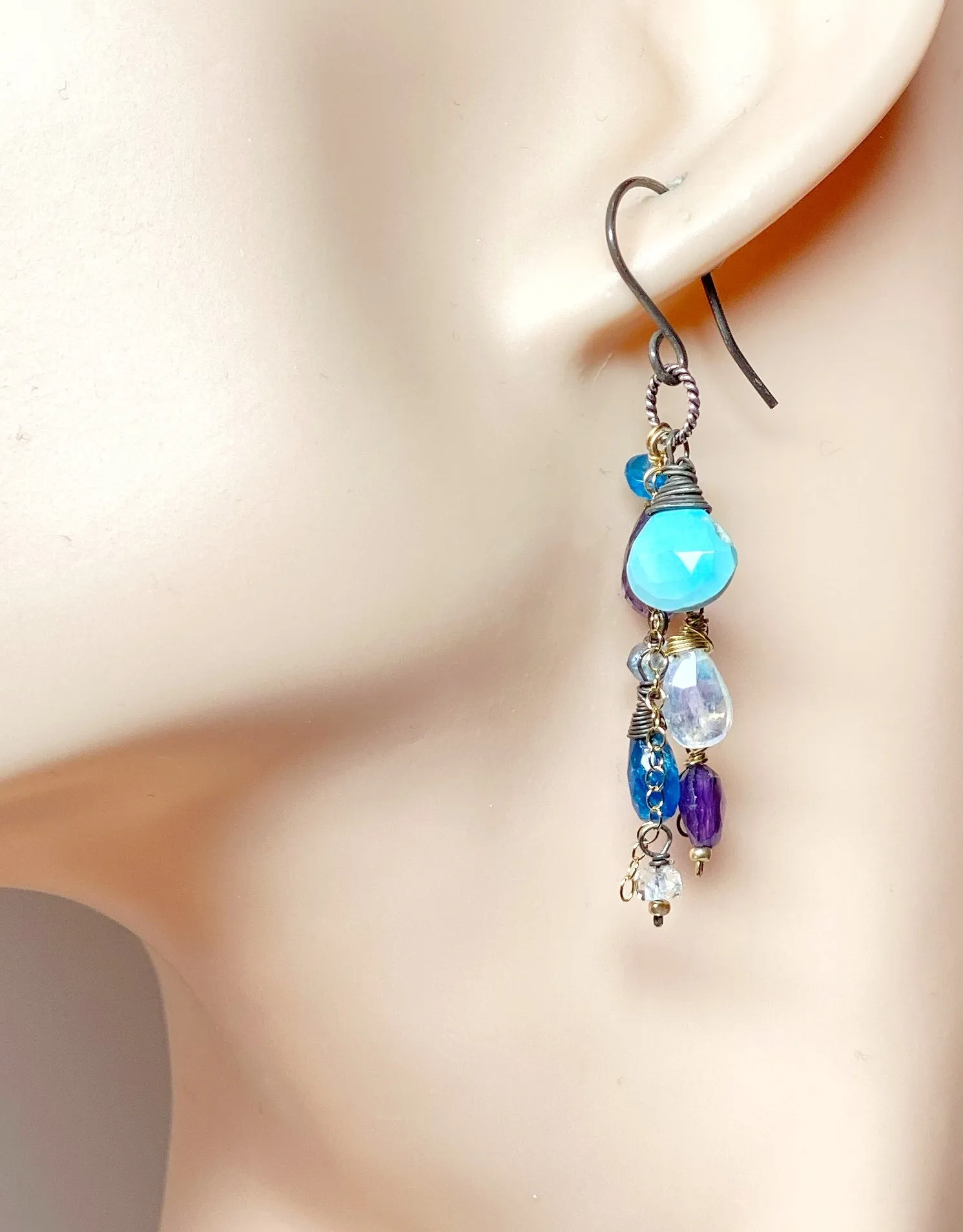 Sleeping Beauty Turquoise Dangle Earrings with Moonstone, Amethyst in Mixed Metals