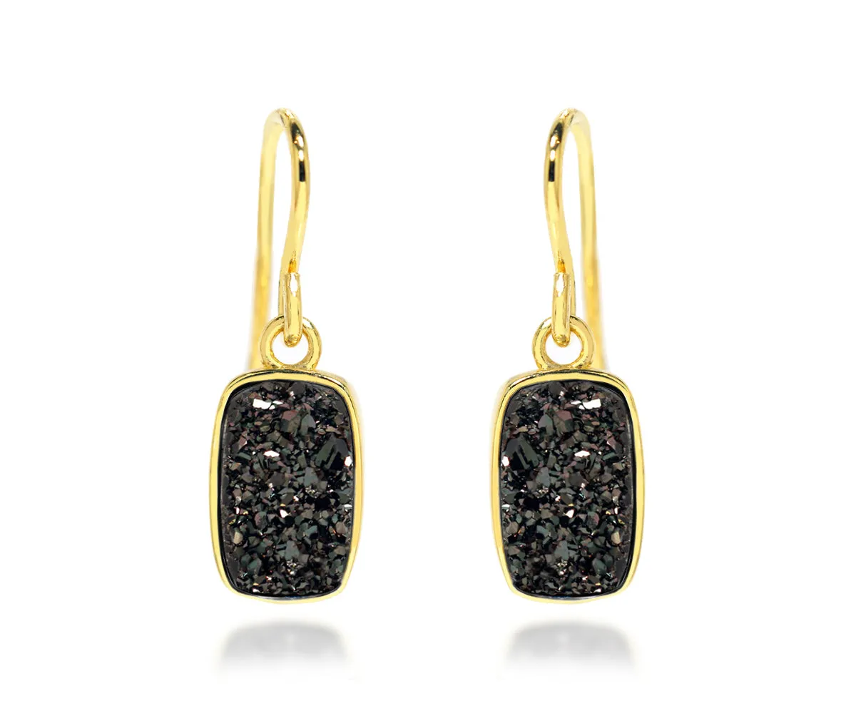 Small Rectangle Black Druzy 14k Vermeil Earrings