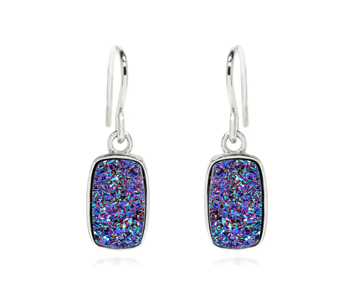Small Rectangle Purple Rainbow Druzy Earrings