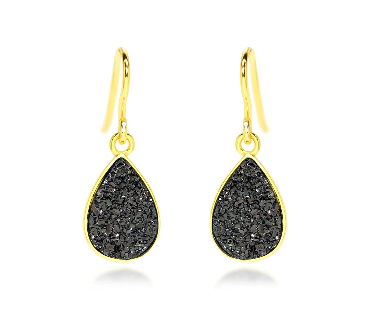 Small Teardrop Black Druzy 14K Vermeil Earrings
