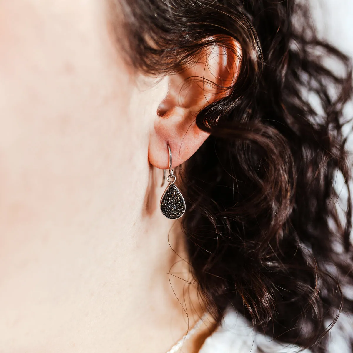 Small Teardrop Black Druzy Earrings