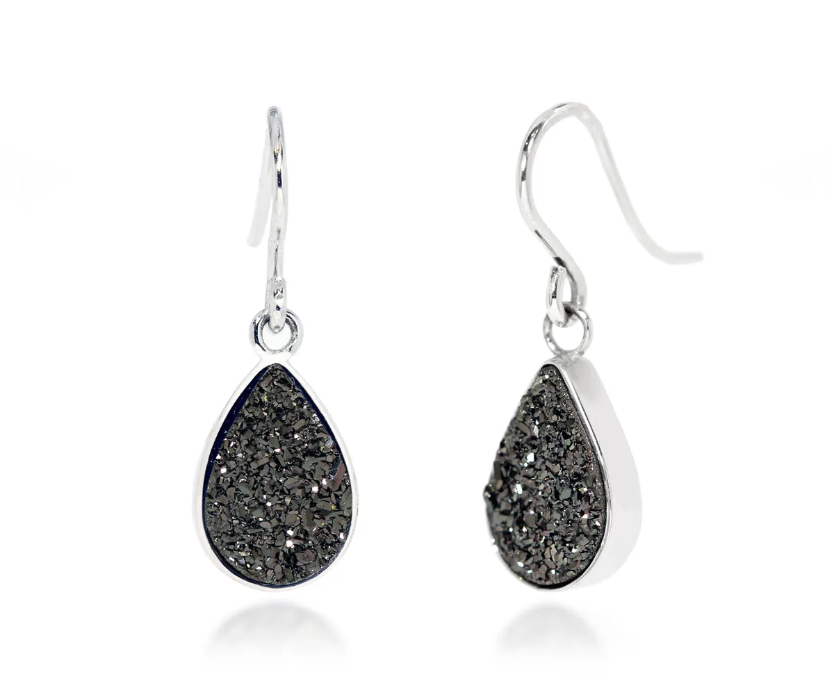 Small Teardrop Black Druzy Earrings