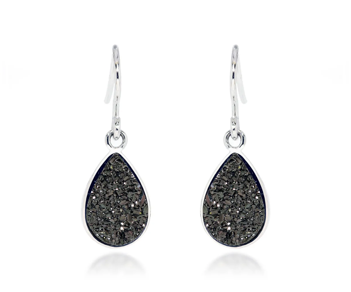 Small Teardrop Black Druzy Earrings