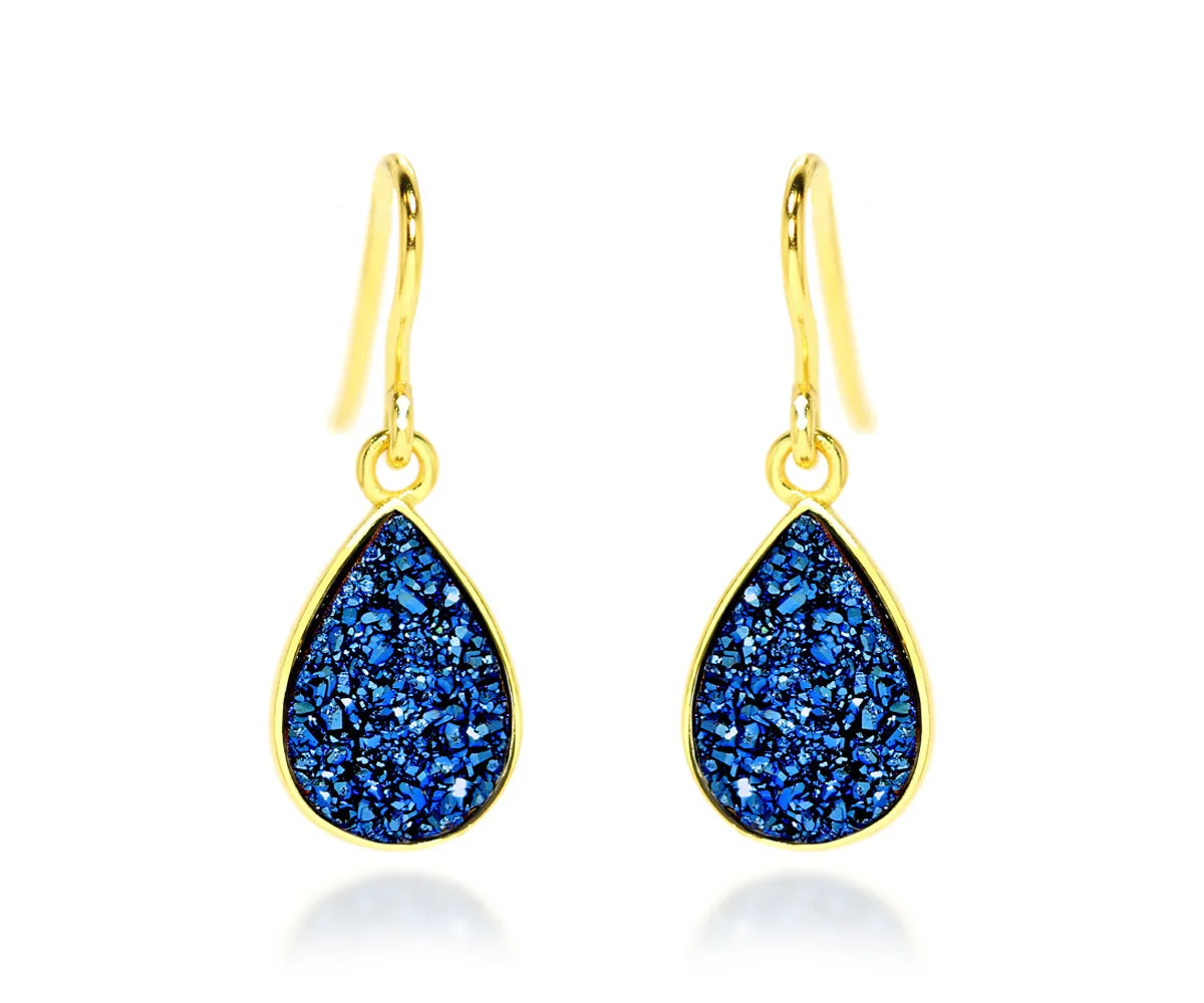 Small Teardrop Blue Druzy 14K Vermeil Earrings