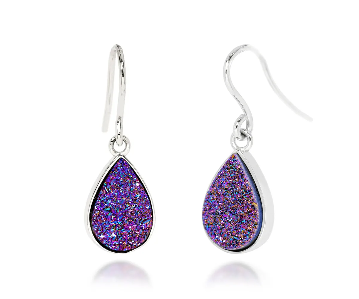 Small Teardrop Purple Rainbow Druzy Earrings