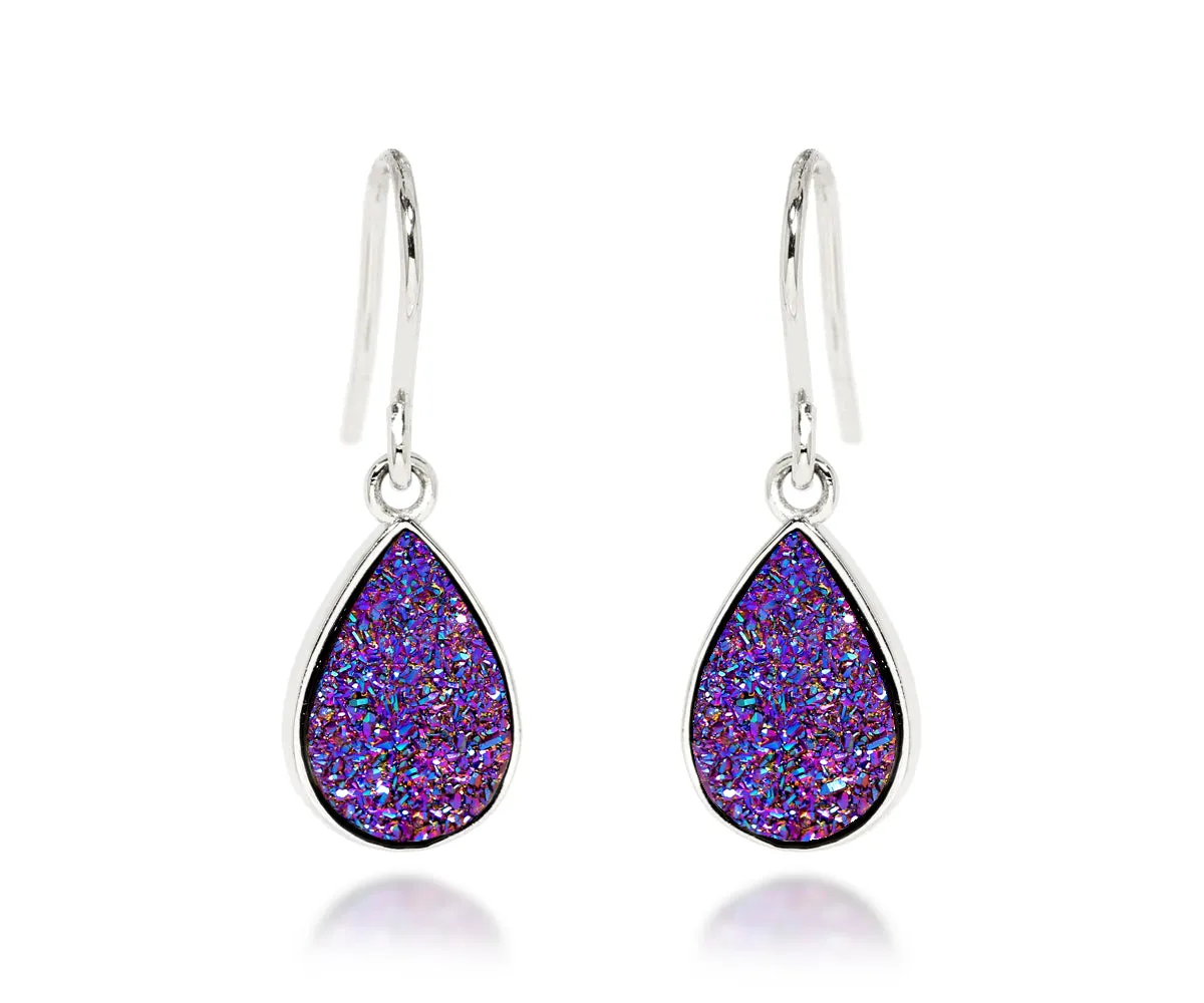 Small Teardrop Purple Rainbow Druzy Earrings