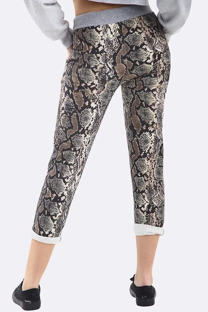 Snake Print Foldover Hem Cotton Lined Trouser