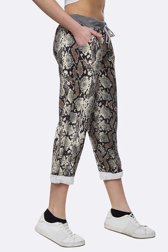 Snake Print Foldover Hem Cotton Lined Trouser