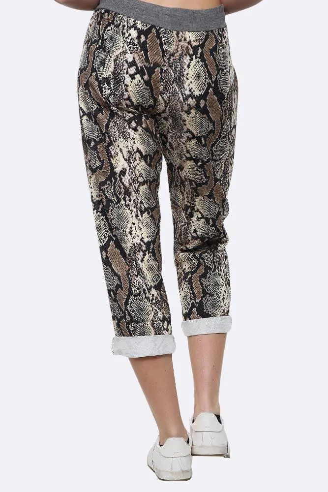 Snake Print Foldover Hem Cotton Lined Trouser