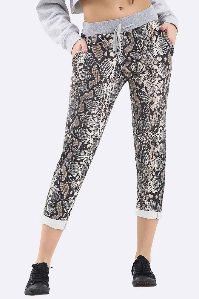 Snake Print Foldover Hem Cotton Lined Trouser