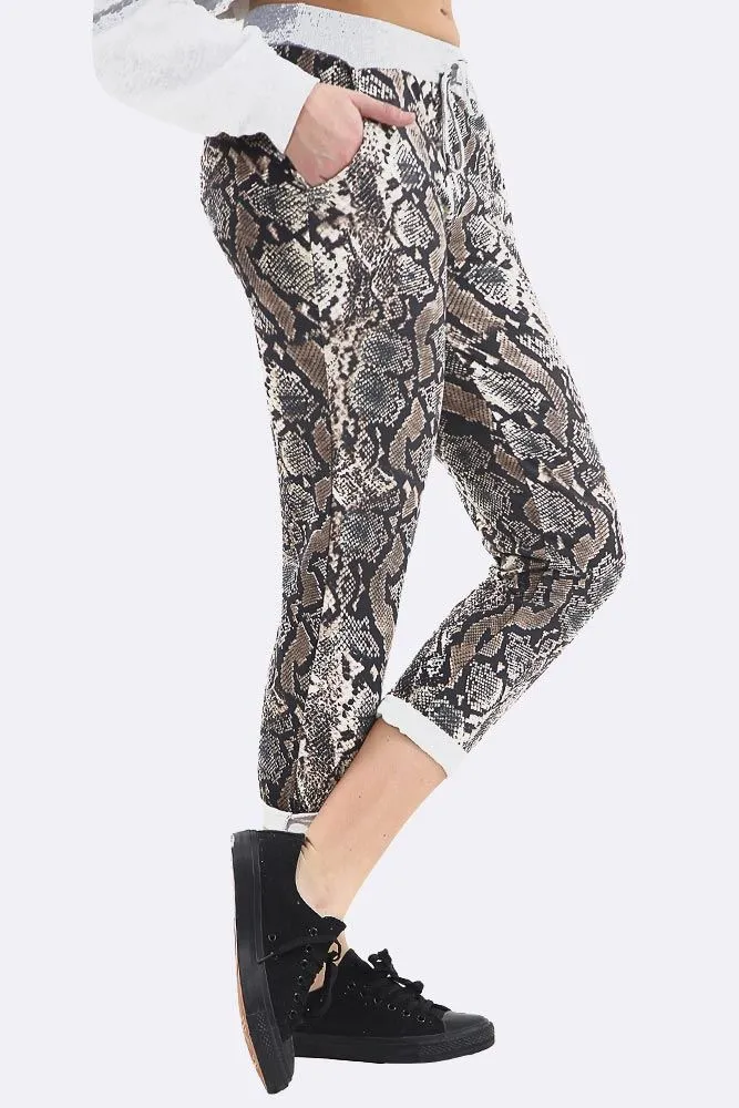Snake Print Foldover Hem Cotton Lined Trouser