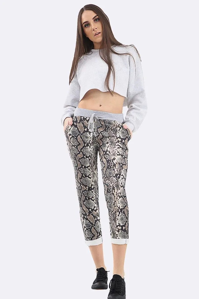 Snake Print Foldover Hem Cotton Lined Trouser