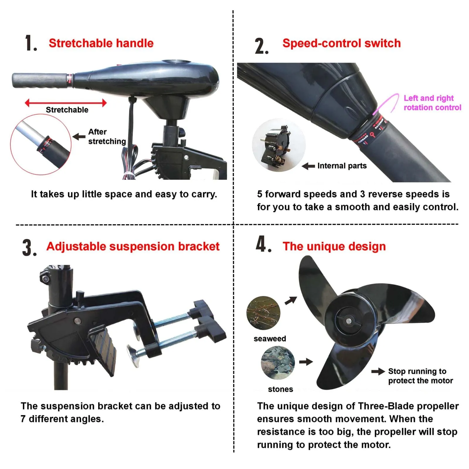 Solar Marine Inflatable Boat   40LBS/ 66LBS/ 86LBS Electric Trolling Motor   Motor Mount 3in1 Set
