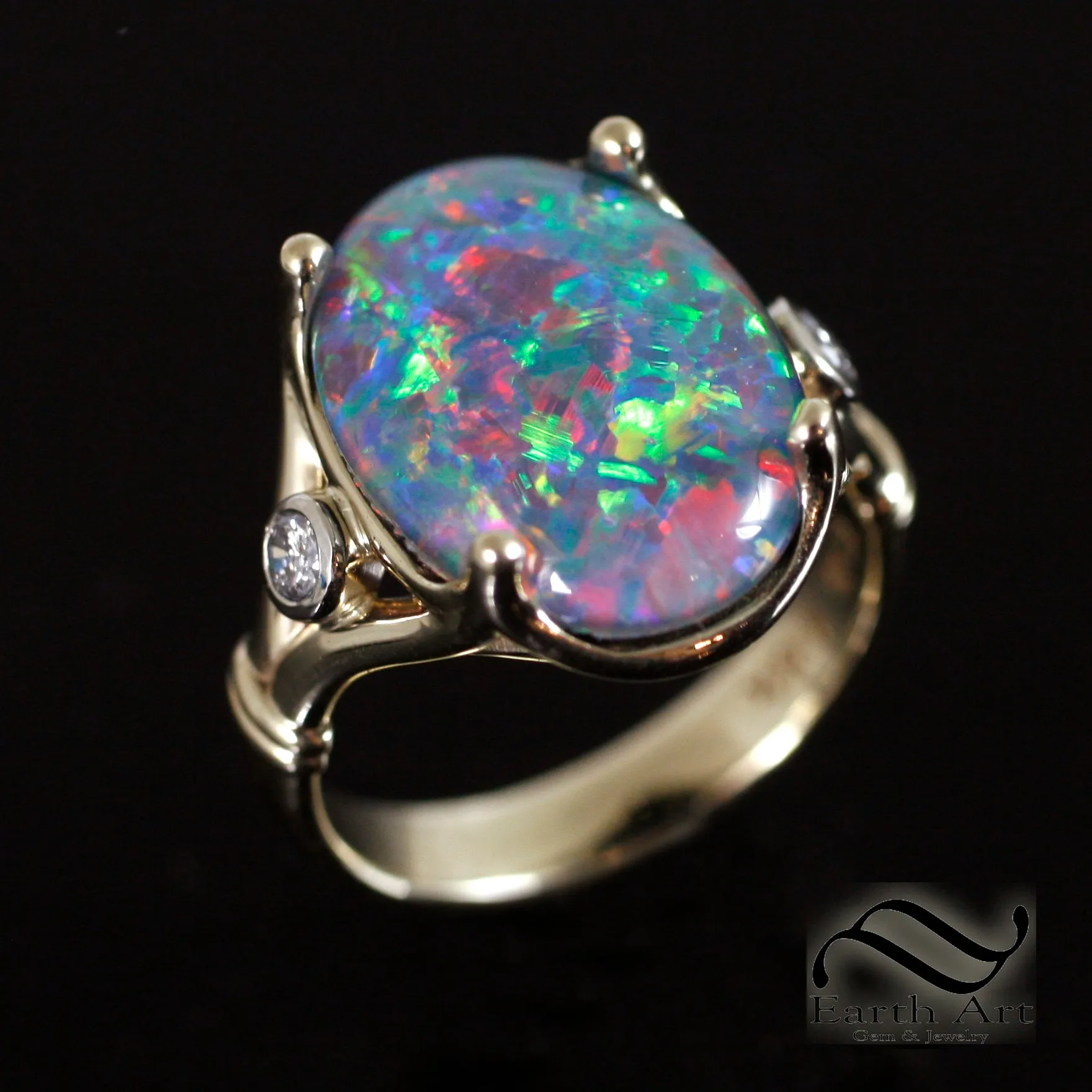 Solid 14k Opal and Diamond cocktail Ring