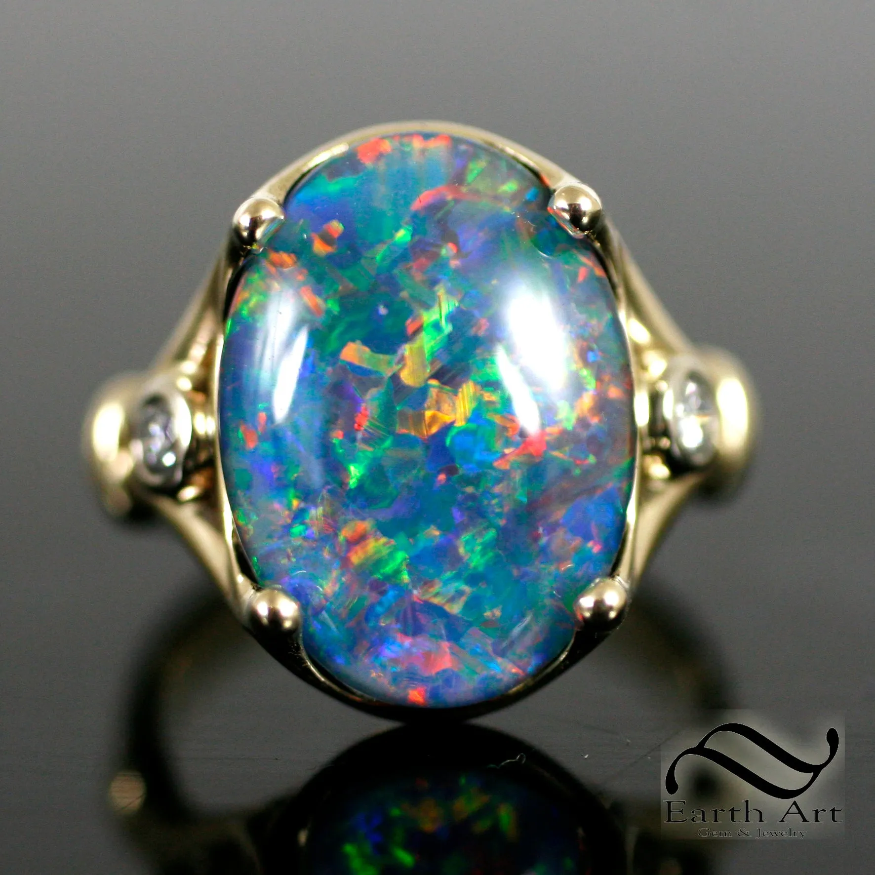 Solid 14k Opal and Diamond cocktail Ring