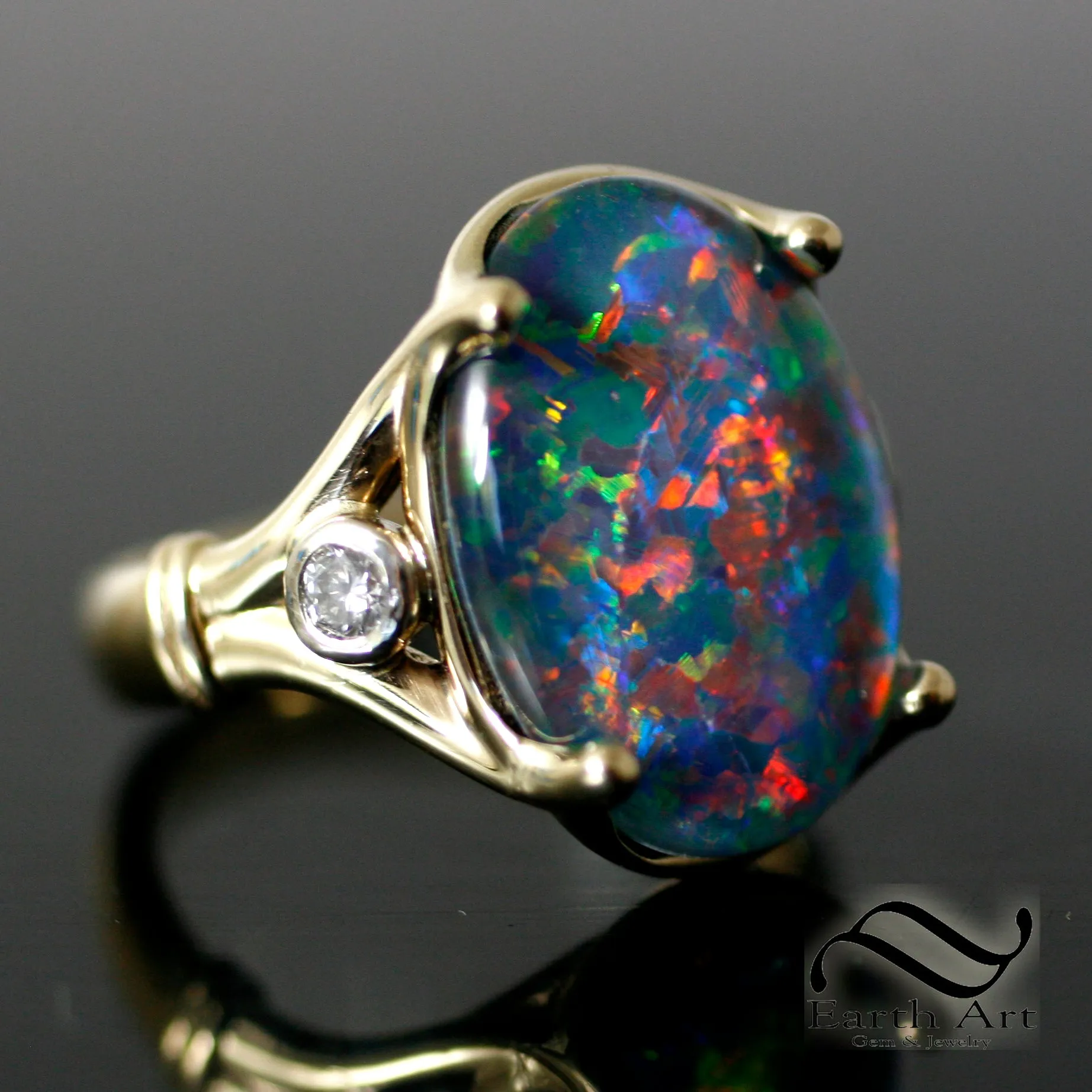 Solid 14k Opal and Diamond cocktail Ring