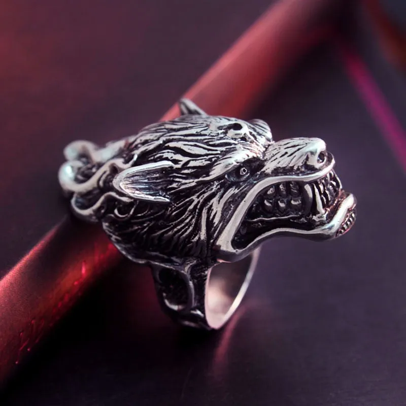 Solid 925 Sterling Silver Vintage Dire Wolf Ring