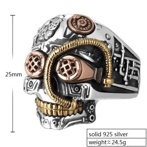Solid 925 Sterling Silver Vintage SteamPunk Skull Ring