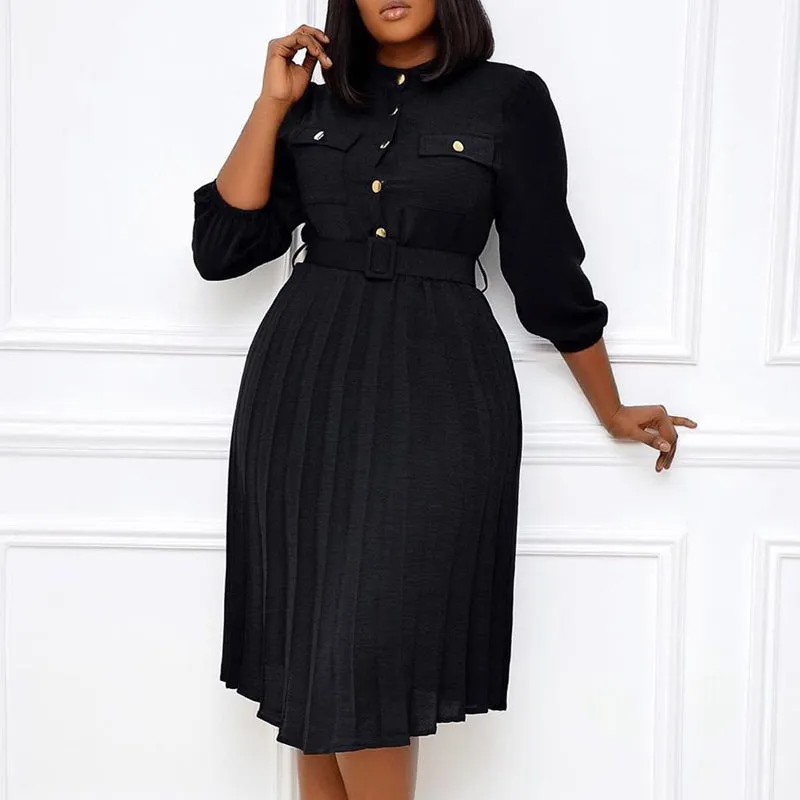 Solid Button Detailed Turtleneck Pleated Work Dress