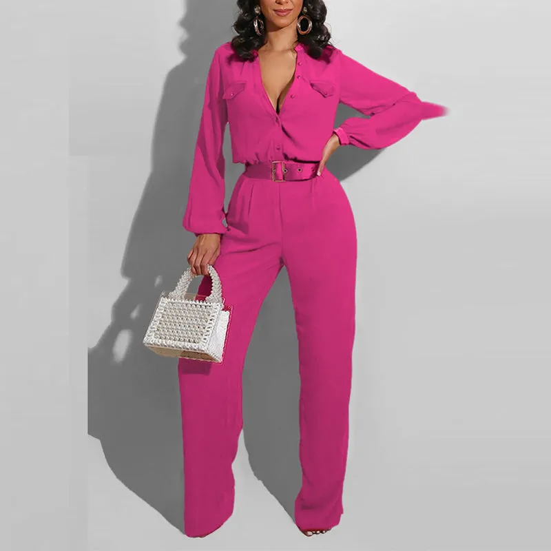 Solid Deep V-Neck Button Detailed Jumpsuit