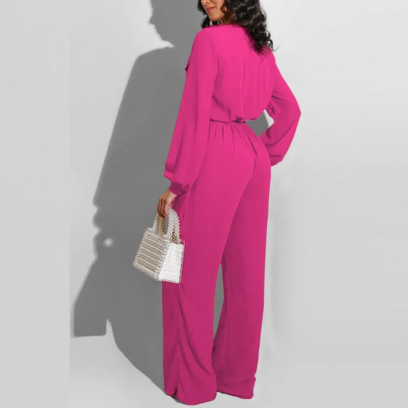 Solid Deep V-Neck Button Detailed Jumpsuit