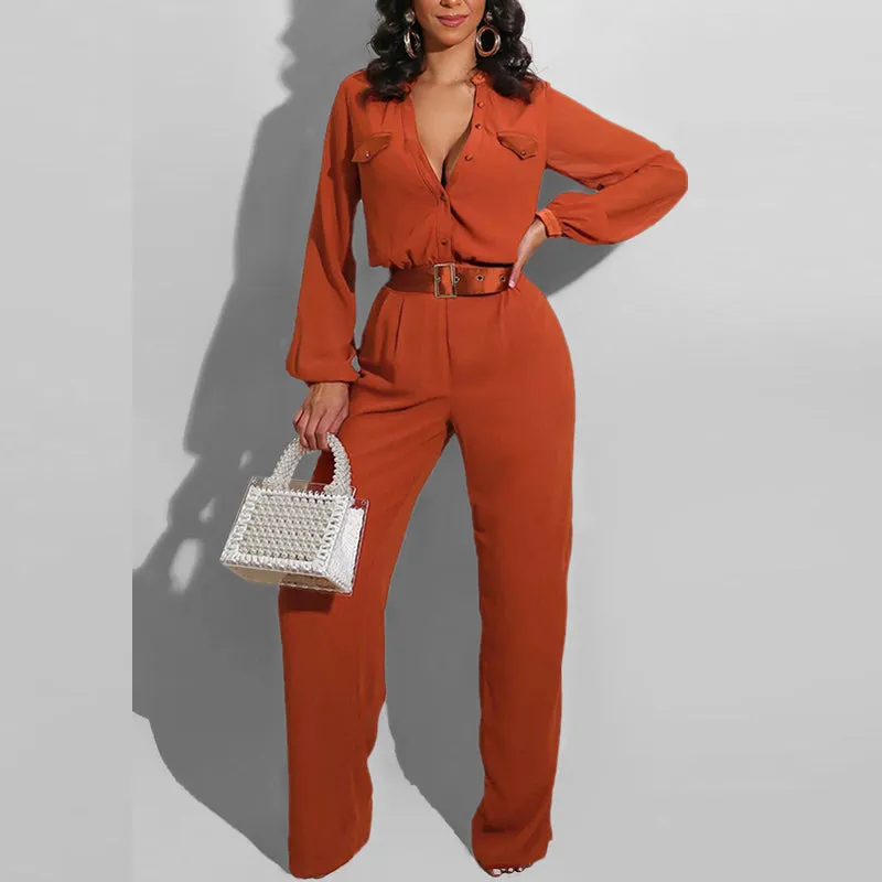 Solid Deep V-Neck Button Detailed Jumpsuit