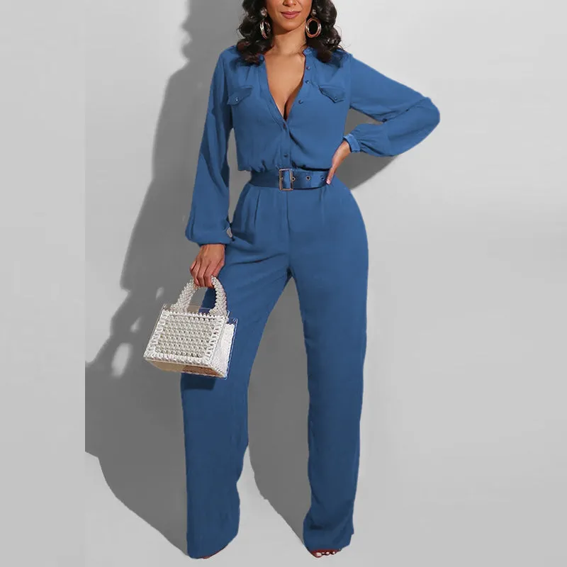 Solid Deep V-Neck Button Detailed Jumpsuit