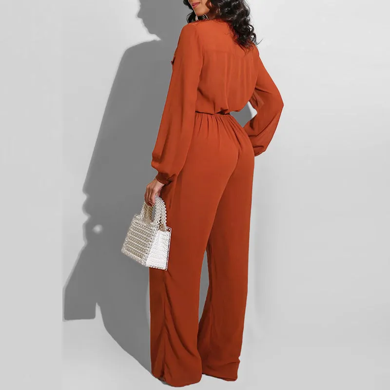 Solid Deep V-Neck Button Detailed Jumpsuit